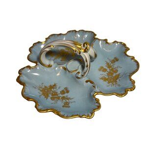Limoges France Handled Divided Dish Blue Porcelain 11" Gold Trim Scalloped Edge
